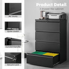 Lateral 4 Drawer File Cabient with Lock, Metal Filing Cabinets for Home Office, Heavty Duty Office Storage Cabinet for A4/Letter/Legal (Matte Black)