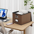 Huolewa File Organizer Box with Lid, Collapsible Leather File Folder Organizer for Office Document Storage, Filing Box with Plastic Slide for Letter/Legal Size Hanging Files, Dark Brown, 4 pack