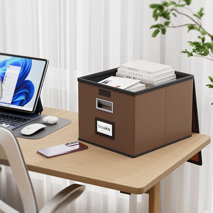 Huolewa Faux Leather File Organizer Box with Lid, Collapsible Hanging File Folder Box Organizer with Plastic Slides, Decorative Home/Office Filing Boxes for File and Folder Storage - Dark Brown