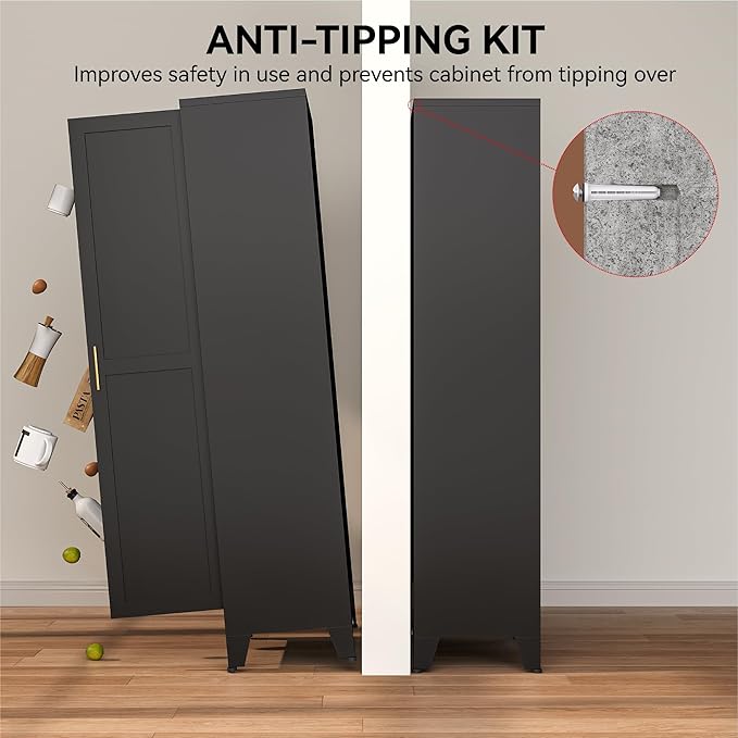 COFaR 61" Tall Pantry Cabinet in Black, Modern Storage Cabinet with Adjustable Shelves, Sturdy Metal Cupboard for Kitchen, Office, Living Room & Bathroom Organization
