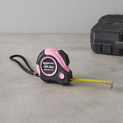 Amazon Basics Retractable Tape Measure with Push Button, Easy to Use, 16 Feet, Pink