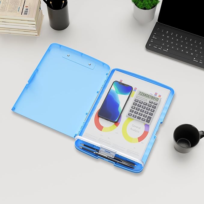 Plastic Clipboard with Storage, 8.5 x 11 Storage Organization Box Side-Opening, Heavy Duty Clip Board with Pen Holder and Paper Folder for Nurses, Teachers, Office & School Supply, Dark Blue