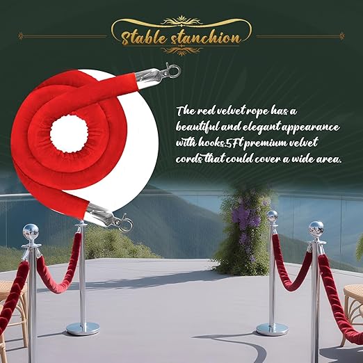 8Pcs Sliver Stanchion Post Queue Velvet Ropes and Posts with Soild Base and 4pcs 5 Ft Red Velvet Ropes Carpet Ropes Posts Stanchion Set Crowd Control Barriers for Party Supplies