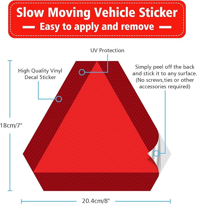 2 Pack Slow Moving Vehicle Triangle Sticker,7"x8" Diamond Grade Reflective SMV Stickers, Waterproof Self-Adhesive Vinyl Slow Moving Vehicle Signs for Golf Cart, ATV, UTV & Small Equipment