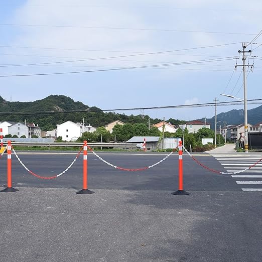 6 Pack Traffic Delineator Post Cones with Plastic Chain Crowd Control Barriers - Expandable 40" Traffic Control Cones, 6 x 6.6 Ft Chains for Indoor & Outdoor Use (Red-Rubber Base)