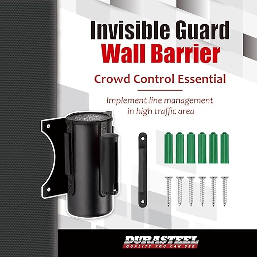 DuraSteel Wall Mount Crowd Control Retractable Belt Barrier - 9.2 Ft Black Retractables Barrier Belt, Crowd Control Barriers Do Not Enter Line Dividers for Crowds NOT Stanchions with Retractable Belts