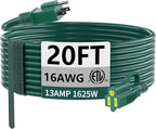 HUANCHAIN Indoor Outdoor Green Extension Cord 20 ft Waterproof, 16/3 Gauge Flexible Cold-Resistant Appliance Extension Cord Outside, 13A 1625W 16AWG SJTW, 3 Prong Electric Cord, ETL