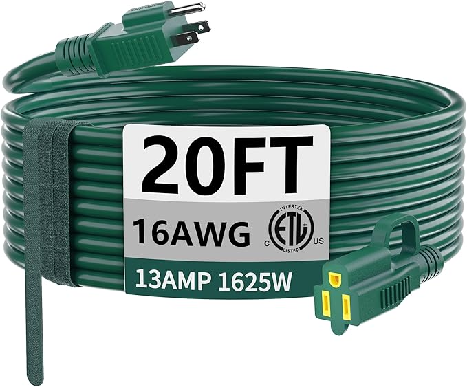 HUANCHAIN Indoor Outdoor Green Extension Cord 20 ft Waterproof, 16/3 Gauge Flexible Cold-Resistant Appliance Extension Cord Outside, 13A 1625W 16AWG SJTW, 3 Prong Electric Cord, ETL