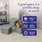 HOMZ 4-Pack Durable Molded Bin, Plastic Storage Containers w/Lids, 10 Gallon, Silver - Stackable Organizer Totes and Boxes for Bedroom, Kitchen, and Garage Organization