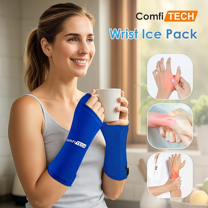 ComfiTECH Wrist Ice Pack Wrap 2 Pack, Flexible Hand Ice Pack for Carpal Tunnel, Thumb & Forearm, Reusable Gel Cold Sleeve with Adjustable Strap for Comfort and Support, Blue, Large