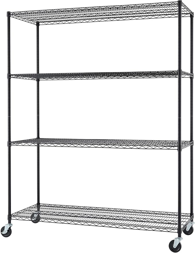 Trinity Basics 4-Tier Adjustable Wire Shelving with Wheels for Kitchen Organization, Garage Storage, Laundry Room, NSF Certified, 600 to 1800 Pound Capacity, 60” by 24” by 72”, Black