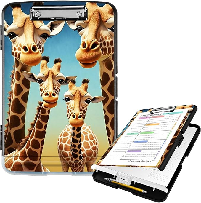Clipboard with Storage High Capacity Plastic Nursing Clipboards with Pen Holder File Folder Storage Box Clipboard with Heavy Duty Clips for Teacher,Doctor,Offices-Giraffe