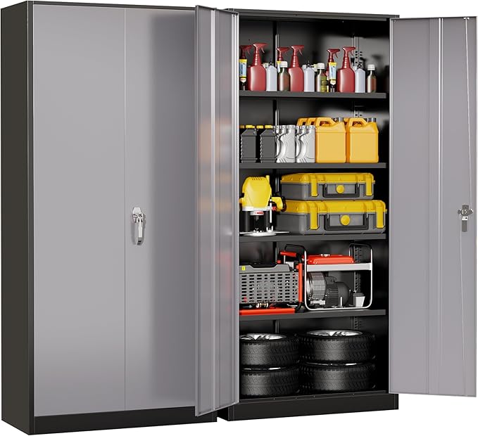Superday Metal Storage Cabinet with Lock, 72" H Garage Storage Cabinet with Doors and 4 Adjustable Shelves,Black Grey Steel Locking Cabinets for Office, Home, Garage, Gym, School