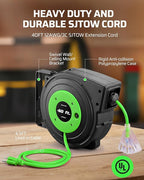 DEWENWILS Retractable Extension Cord Reel, 40 FT Heavy Duty Power Cord, 12/3C SJTOW Retractable Cord Reel, Lighted Triple Tap Outlets, 15A Circuit Breaker, Wall/Ceiling Mount, UL Listed, Green