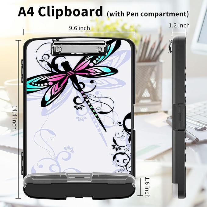 Clipboard with Storage High Capacity Plastic Nursing Clipboards with Pen Holder File Folder Storage Box Clipboard with Heavy Duty Clips for Teacher,Doctor,Offices-Dragonfly with Lotus Flower