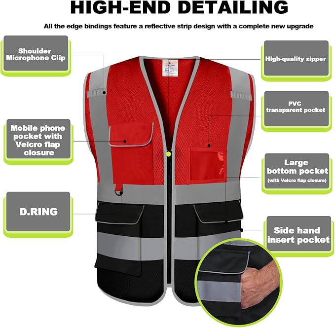 BeautyWill Custom Safety Vest Customized Logo Class 2 High Visibility Reflective Vest with Pockets Construction workwear