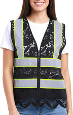 Lace-Mesh Safety Vest for Women & Men - Breathable, High Visibility Vest with Zipper & ANSI Class 2 Reflective Strips