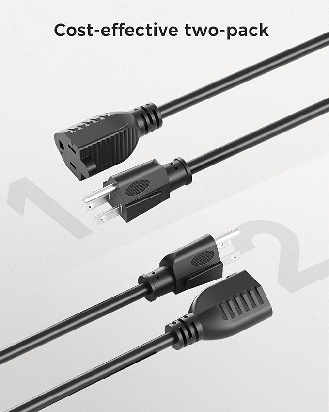 [UL Listed] Cable Matters 2-Pack 16 AWG Heavy Duty 13A Short Power Extension Cord - 1ft, 3 Prong Power Cord Extension, NEMA 5-15P to NEMA 5-15R, Black