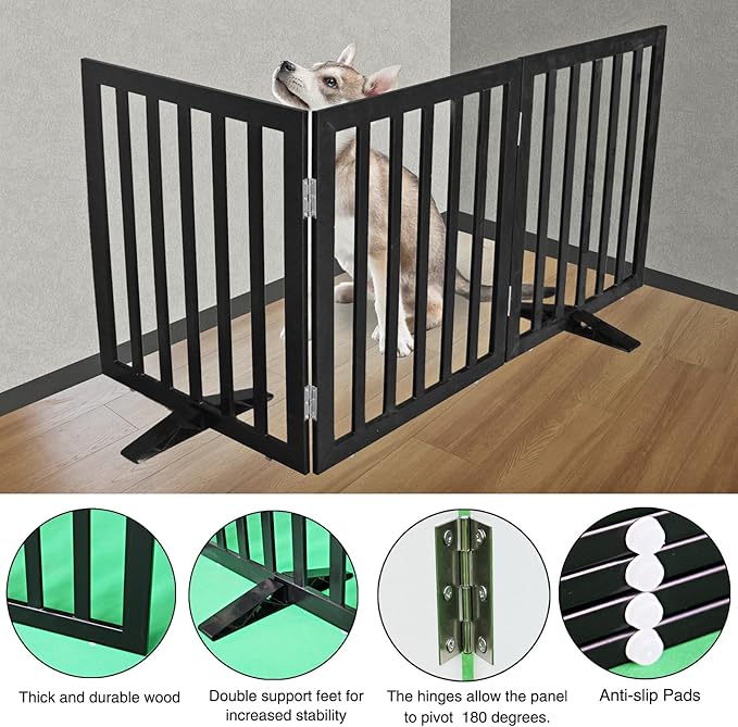ZJSF Freestanding Indoor Dog Gate for House Foldable Wood Puppy Gate for Doorways Pet Gate for Stairs Extra Wide Pet Fence, Black, 32" Height 2 Panels