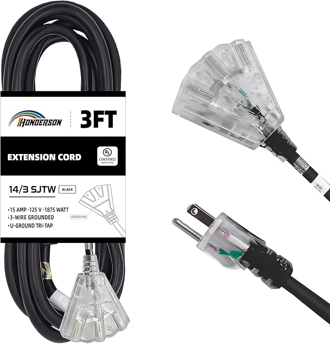 3-Outlets Extension Cord Weatherproof with Lighted End, UL Listed, 14 Gauge 3FT Black 3 Prong Heavy Duty, 14/3 SJTW 15A Power Cord