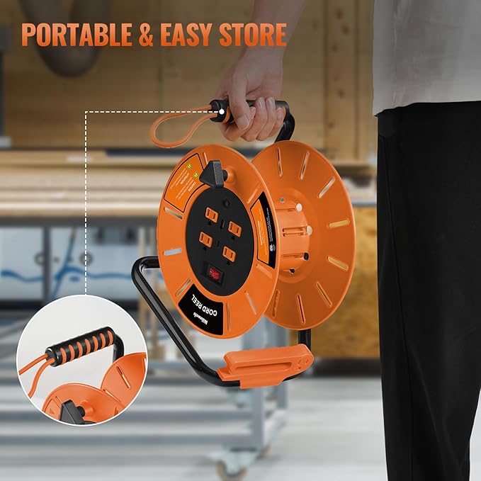 Extension Cord Storage Reel with 4-Grounded Outlet & 2 USB Port, 15A Circuit Breaker, Heavy Duty Open Cord Reel for 12/3,14/3 Gauge Power Cord, Hand Wind Retractable,ETL Listed Orange G85CR06