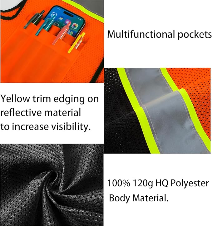 Safety Vest Customize Logo with 5 Pockets & Zipper Reflective High Visibility Vest Class 2 Outdoor Workwear