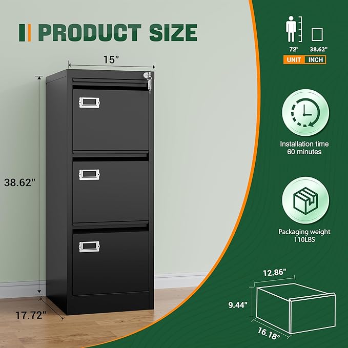 Letaya 3 Drawer File Cabinet with Lock,Metal Office Filing Cabinets for Home Office- Storage A4/F4/Letter/Legal -Assembly Required (Black)