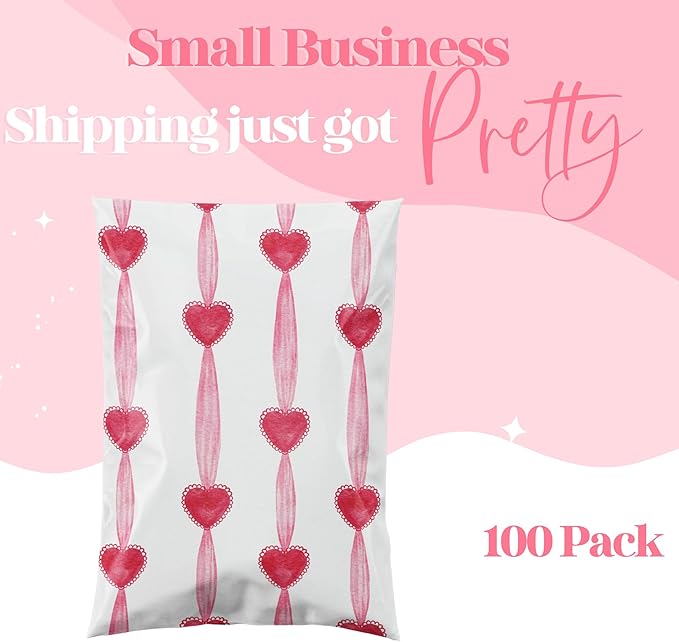 6x9 Designer Poly Mailer 100 Pack Heavy Duty Waterproof Self Seal Shipping Bags for Small Business Large Mailing Envelopes Bulk Tear Resistant Packaging Red Valentine Heart