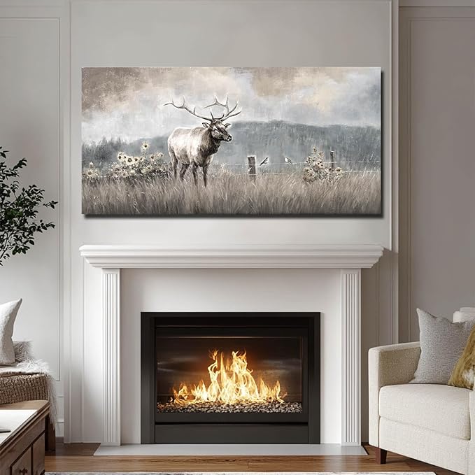 ZHENGYIN Large Bull Elk Wall Art, Deer Wildlife Canvas Print, Rustic Modern Farmhouse Wall Decor for Living Room Office, Above Sofa, 24x48 Inch