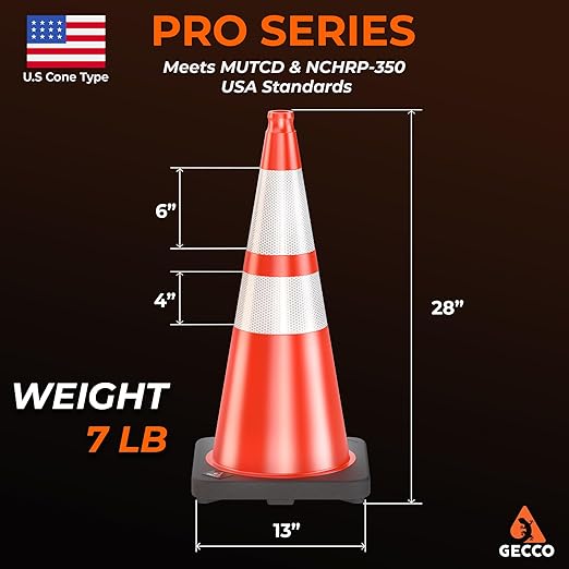 GECCO ™ (162 Cones per Pallet) 28 Inch 7 Lb Heavy Duty Orange Traffic Cones in Bulk | Durable Safety Cones, Orange Cones, Parking Cones, Construction Cones | PVC Plastic & Black Base - [PRO Series]