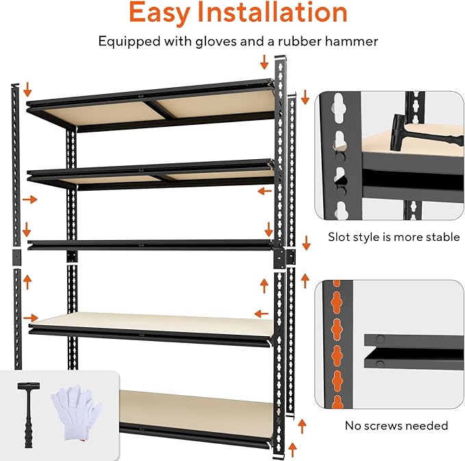 5 Tier Garage Shelving, Adjustable Heavy Duty Garage Shelves,Metal Storage Shelves Unit for Basement,Warehouse,Pantry Kitchen