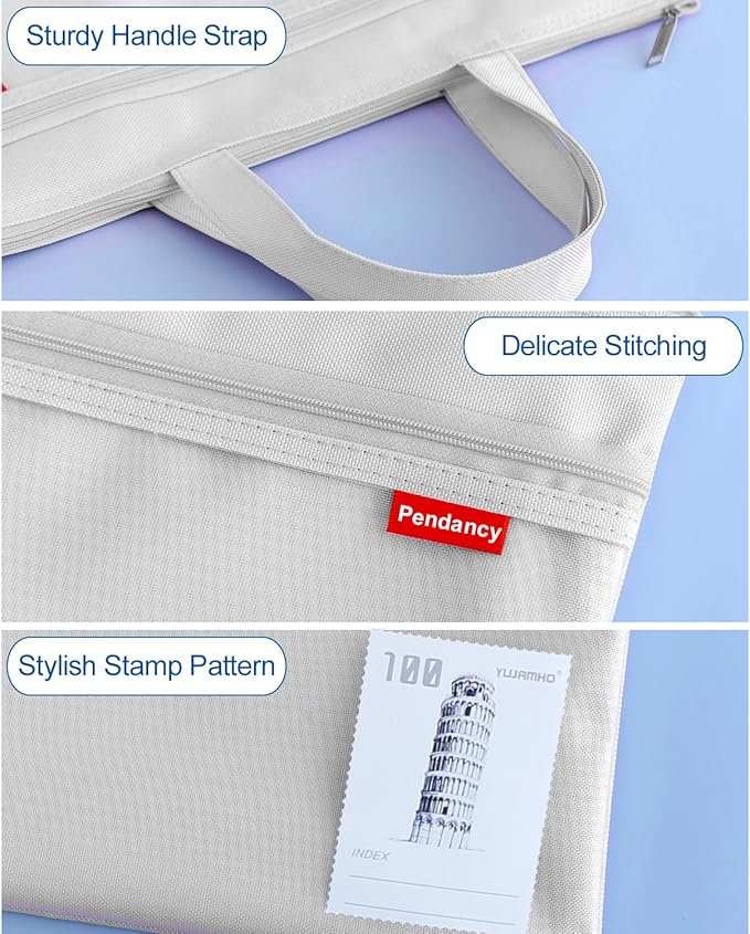 Pendancy Mesh Zipper Pouch 11x13.7 in, Large Double Pocket Waterproof File Bag with Handle, A4 Size Foldable Document Storage for Puzzle Project/Cross Stitch/Travel/Office（Gray）