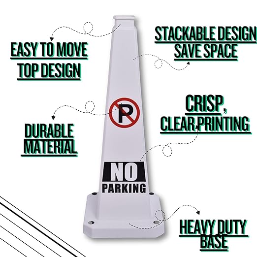 BESEA No Parking Cone 6 Pack, 28" No Parking Sign Cone with Weighted Base, White 4-Sided “ NO Parking” Warning Cone for Driveways Business Parking Lots Garages Indoor/Outdoor