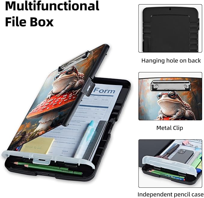 Clipboard with Storage Box & Pen Holder,Heavy Duty Clip Boards 8.5x11 for Nursing,High Capacity,School & Office Supplies,Frog Mushroom