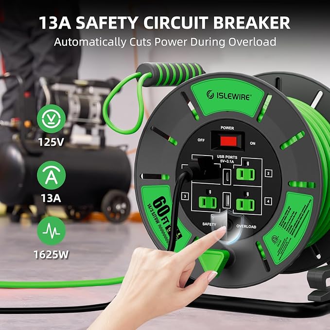 60 FT Retractable Extension Cord Reel, 14AWG SJTOW Heavy Duty Power Cord with 4 Grounded Outlets, USB-A & USB-C Ports, 13A Circuit Breaker, Hand Crank for Indoor Outdoor Use, ETL Listed, Green
