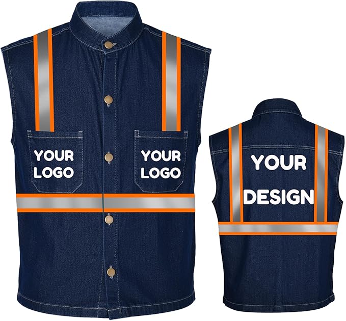 YOWESHOP Men's Reflective Safety Denim Vest，Custom Safety Outdoor Denim Work Vest with Hi-Vis Stripes for Night Commute