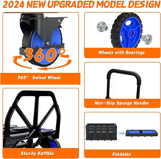 2-in-1 Folding Hand Truck with Retractable Handle, 330LBS Capacity Heavy Duty Hand Dolly, Collapsible Dolly Cart with Wheels for Luggage/Moving/Travel