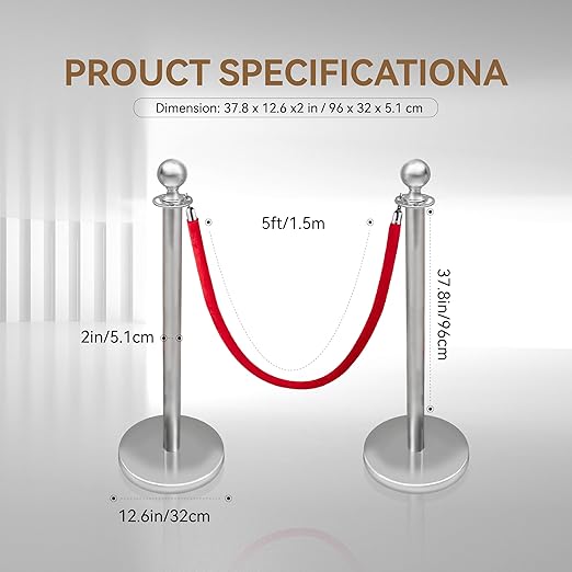 Stainless Steel Stanchions with Red Velvet Ropes, 4PCS Crowd Control Barriers Set with Fillable Weighted Base, No-Tool Assembly for Weddings, Events, Queue Management