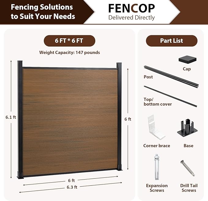 6ft x 6ft Outdoor Privacy Fence, Tall Wind Resistant Covering, Wood Plastic Composite Panel with 2 Posts for Yard, Backyard, Garden and Swimming Pool