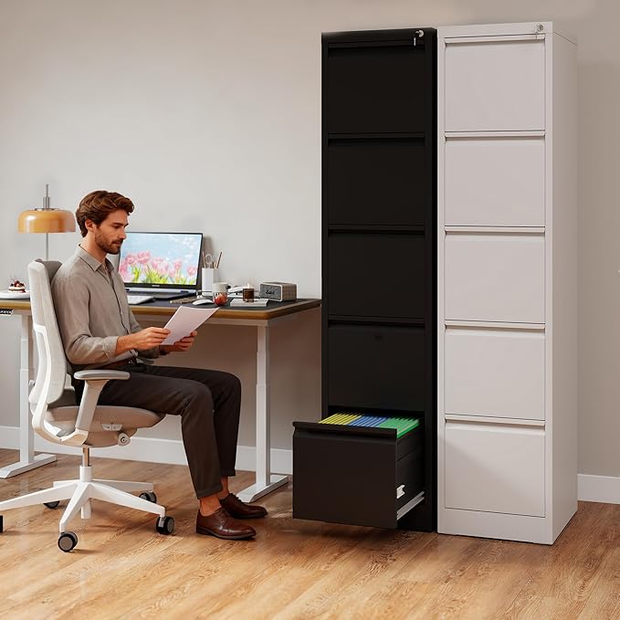 5 Drawer File Cabinet with Lock, Vertical Filing Cabinets for Home Office, Metal Storage Cabinets, Heavy Duty File Cabinet for Letter/Legal/A4/F4 Size Amssebly Required, White