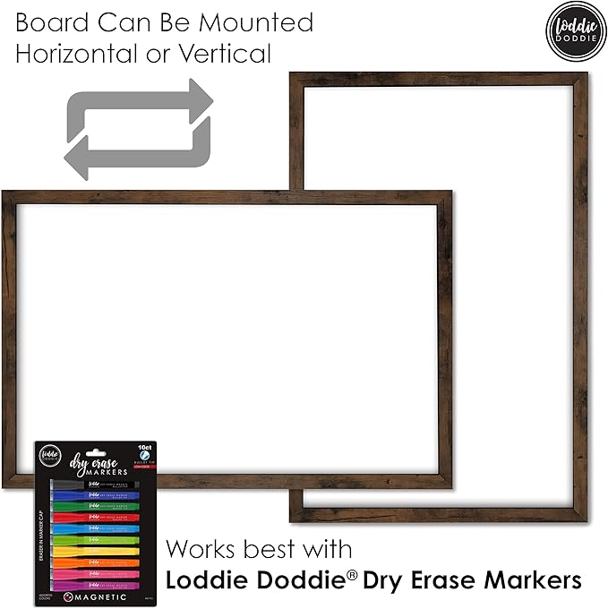 Loddie Doddie Magnetic White Board 24" x 36" - Magnetic Dry Erase Board with Built-in Marker Tray - Rustic Wooden Frame - Whiteboard Wood Frame