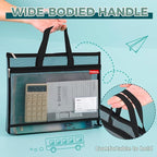 Pendancy Mesh Zipper Pouch A4 Size, Large Double Pocket Lightweight Nylon Transparent File Bag with Handle, 11x13.8 in Foldable Document Storage for Puzzle Project/Cross Stitch/Travel/Office (Black)