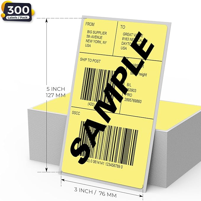 Yellow Thermal Labels 3 × 5 Inch Vinyl Self-Adhesive Fanfold Direct Shipping Stickers Waterproof Perforated Printer Decal for Office Warehouse Barcode 300 PCS