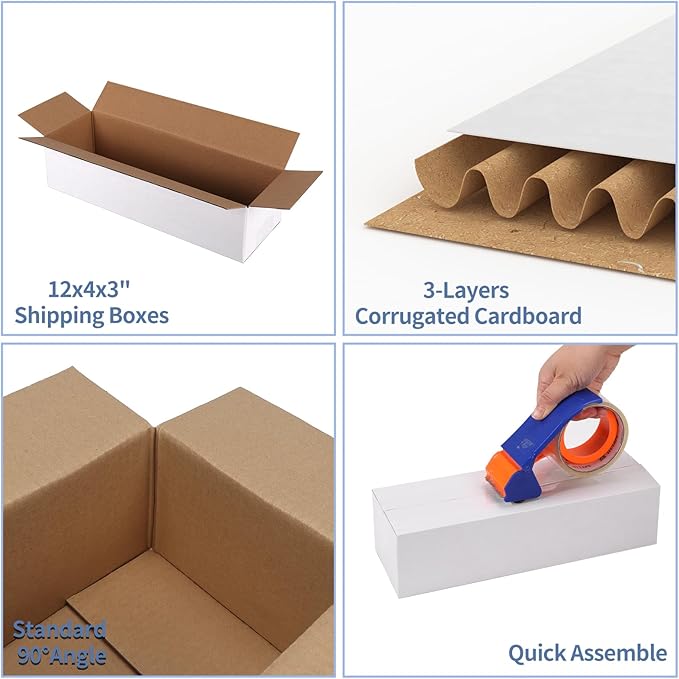 Hoikwo 12x4x3 Shipping Boxes Set of 25, White Corrugated Cardboard Box for Small Business for Packaging Mailing