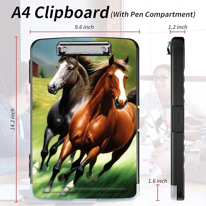 File Clipboard Storage with Pen Holder High Capacity Plastic Nursing Clipboards File Folder Storage Box Clipboard with Heavy Duty Clips for Teacher,Doctor,Offices-Running Horse