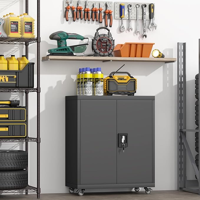GREATMEET 31.5" H Lockable Storage Cabinet, Small Locking Cabinet with Doors and Adjustable Shelves, Metal Garage Storage Cabinets, Utility Cabinets for Office,Home,Garage,Classroom, Black