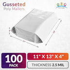 ABC PACK & SUPPLY White Gusseted Poly Mailers, 11 x 13 x 4 Inch. Pack of 100 Expansion Poly Mailers Bags. Shipping Envelopes for Clothing, 2.5 Mil. Plastic Shipping Bags Self Seal. Mailing Packages