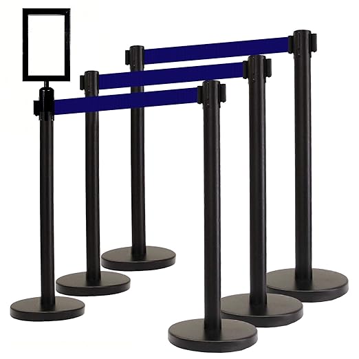 VIP Crowd Control Retractable Belt Stanchion Queue Safety Barrier Set,36" Ht, 78" Blue Belt + Sign Frame + Wall Bracket (6 Posts+SFrame+WBracket)