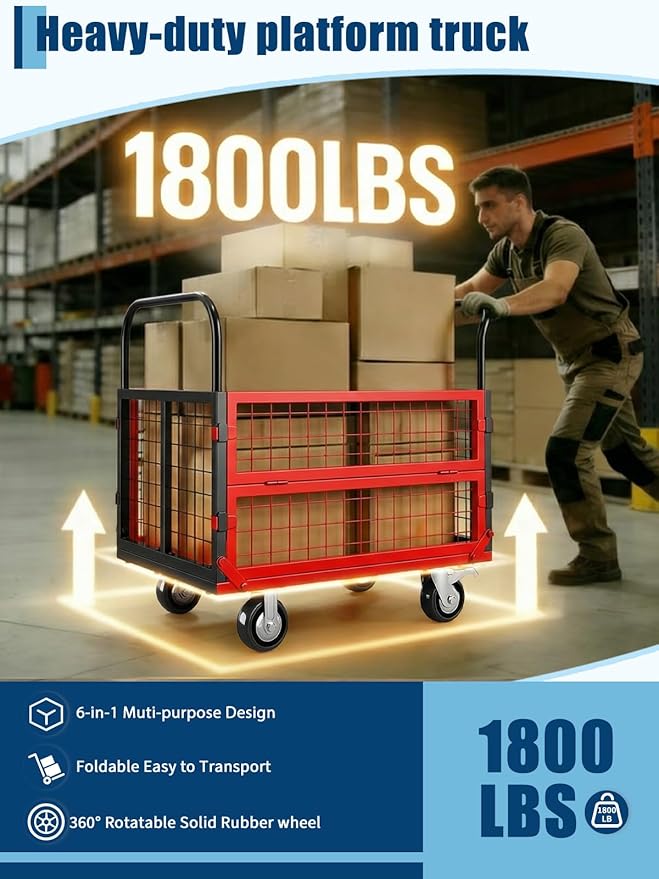 Platform Truck Cart with Cage, 6-in-1 Multi-Purpose Flatbed Cart, Foldable Hand Truck Load 1800LBS with 4 Wheels Push Dolly for Grocery, Laundry, Garage, Warehouse (Red+Black)