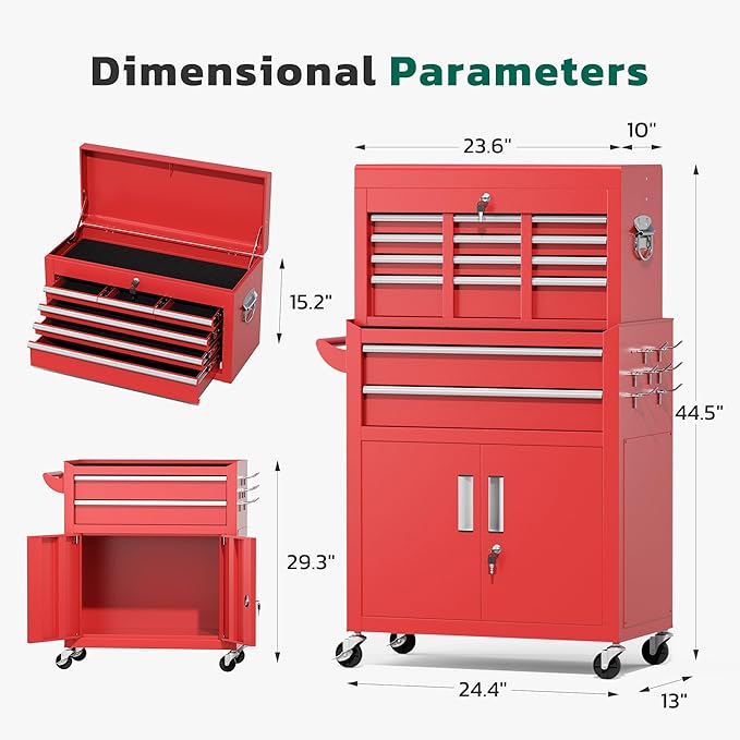 Greenvelly 8-Drawer Rolling Tool Chest, Metal Tool Chest with Wheels, Tool Cabinet with Detachable Top Tool Box, Metal Tool Cart with Liner & Hooks for Garage, Workshop, Warehouse (Red)